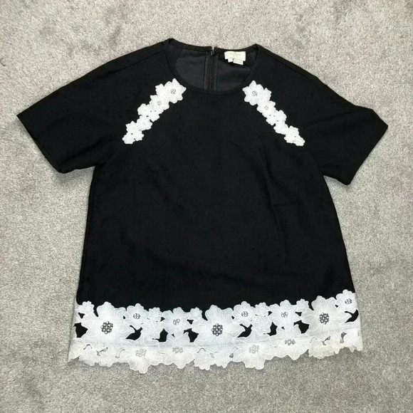 Kate Spade Top Black Color White Lace Trim Short Sleeves Zipper Sz 2 - Picture 1 of 7